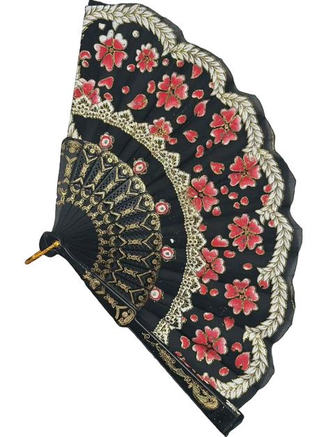 Siyah ve Kırmızı Çiçekli Dantel Katlanabilir Yelpaze 26 cm – Zarif Vintage Tarzı Yelpaze