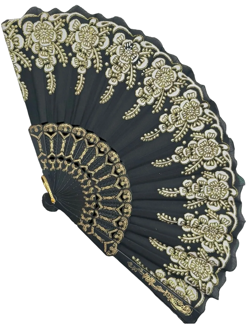 Siyah Altın Dantel Katlanır Yelpaze 26 cm – Zarif Vintage Çiçekli Yelpaze