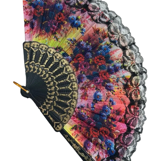 Renkli Çiçekli Dantel Katlanır El Yelpazesi 26 cm – Zarif Vintage Tarzı Yaz Yelpazesi