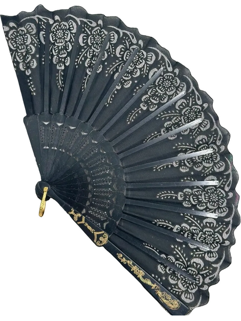 Siyah Altın Dantel Katlanır Yelpaze 26 cm – Zarif Vintage Çiçekli Yelpaze