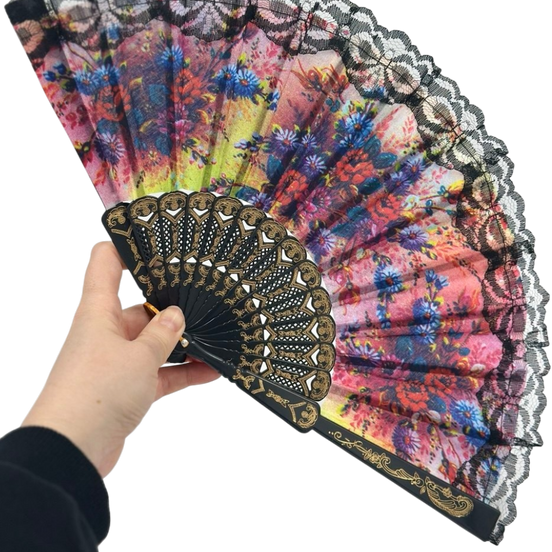 Renkli Çiçekli Dantel Katlanır El Yelpazesi 26 cm – Zarif Vintage Tarzı Yaz Yelpazesi