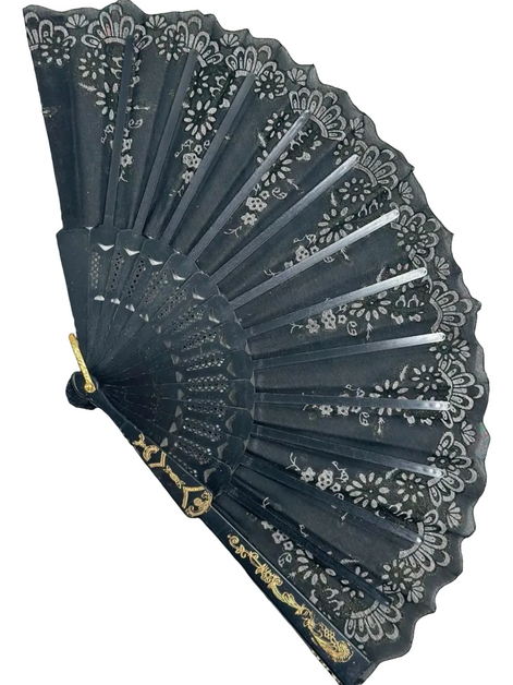 Siyah Altın Dantel Katlanır Yelpaze 26 cm – Zarif Vintage Çiçekli Yelpaze