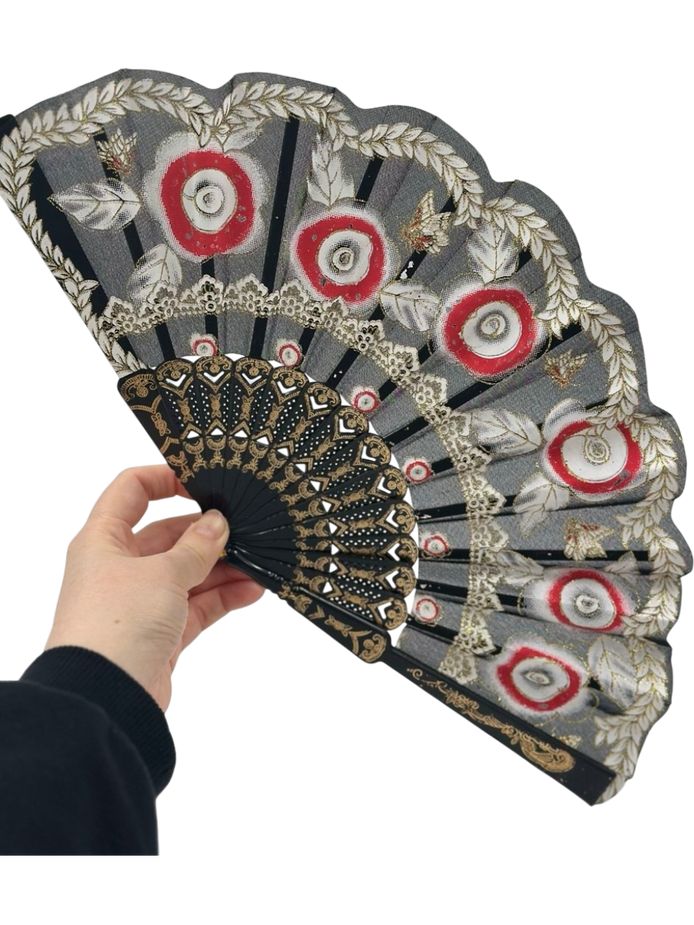 Siyah ve Kırmızı Çiçekli Dantel Katlanabilir Yelpaze 26 cm – Zarif Vintage Tarzı Yelpaze