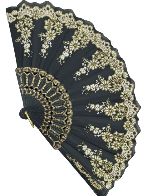 Siyah Altın Dantel Katlanır Yelpaze 26 cm – Zarif Vintage Çiçekli Yelpaze