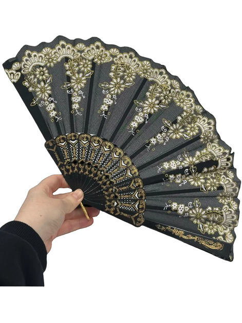 Siyah Altın Dantel Katlanır Yelpaze 26 cm – Zarif Vintage Çiçekli Yelpaze
