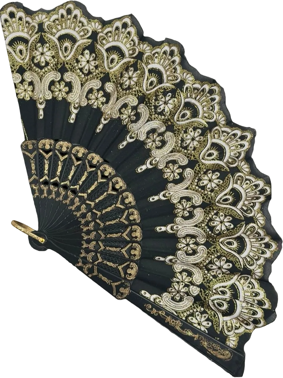 Siyah Altın Dantel Katlanır Yelpaze 26 cm – Zarif Vintage Çiçekli Yelpaze