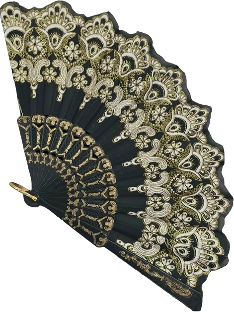 Siyah Altın Dantel Katlanır Yelpaze 26 cm – Zarif Vintage Çiçekli Yelpaze