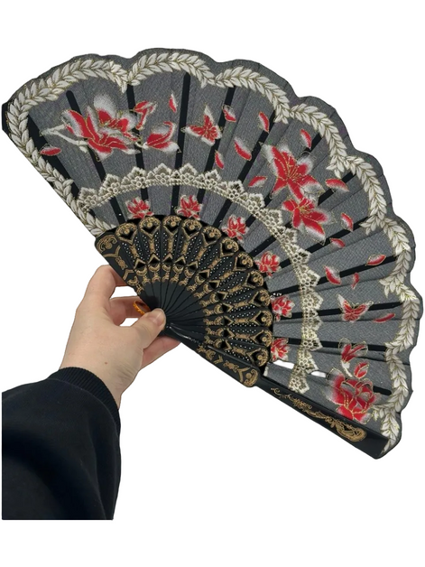 Siyah ve Kırmızı Çiçekli Dantel Katlanabilir Yelpaze 26 cm – Zarif Vintage Tarzı Yelpaze