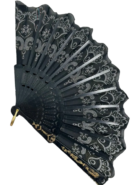 Siyah Altın Dantel Katlanır Yelpaze 26 cm – Zarif Vintage Çiçekli Yelpaze