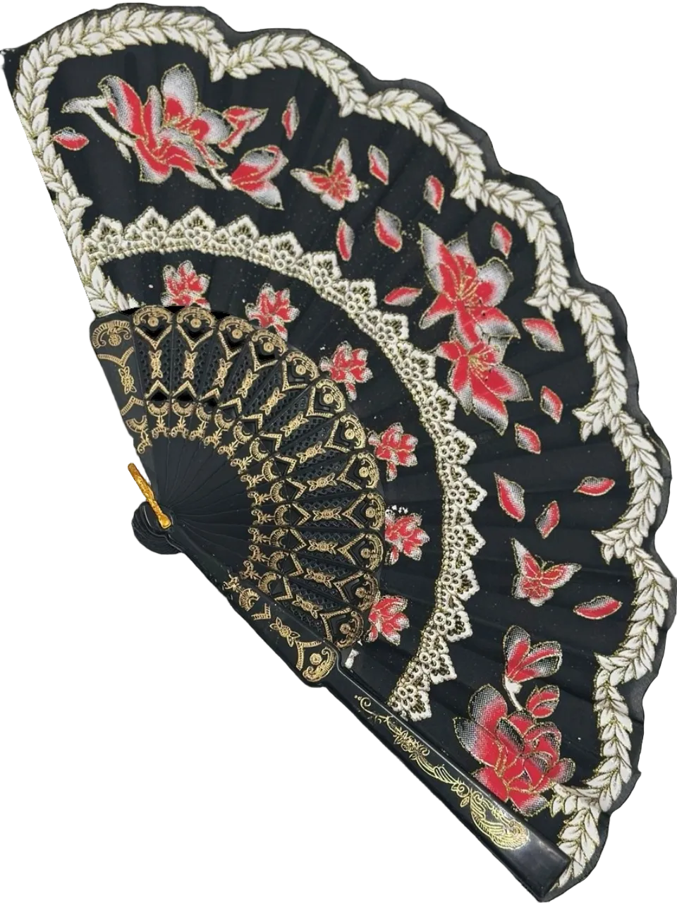 Siyah ve Kırmızı Çiçekli Dantel Katlanabilir Yelpaze 26 cm – Zarif Vintage Tarzı Yelpaze