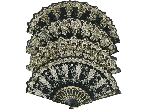 Siyah Altın Dantel Katlanır Yelpaze 26 cm – Zarif Vintage Çiçekli Yelpaze
