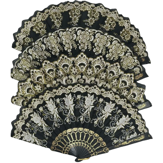 Siyah Altın Dantel Katlanır Yelpaze 26 cm – Zarif Vintage Çiçekli Yelpaze