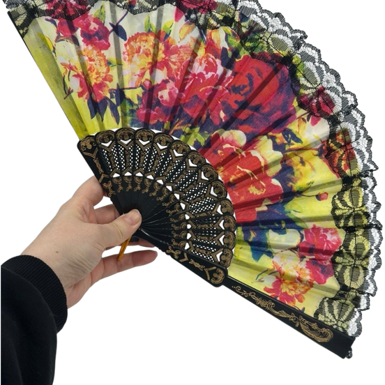 Renkli Çiçekli Dantel Katlanır El Yelpazesi 26 cm – Zarif Vintage Tarzı Yaz Yelpazesi
