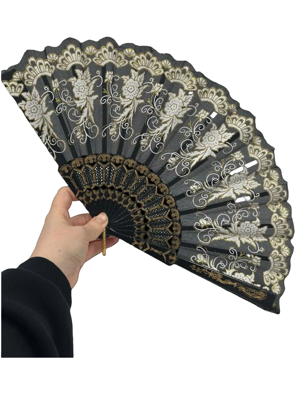 Siyah Altın Dantel Katlanır Yelpaze 26 cm – Zarif Vintage Çiçekli Yelpaze