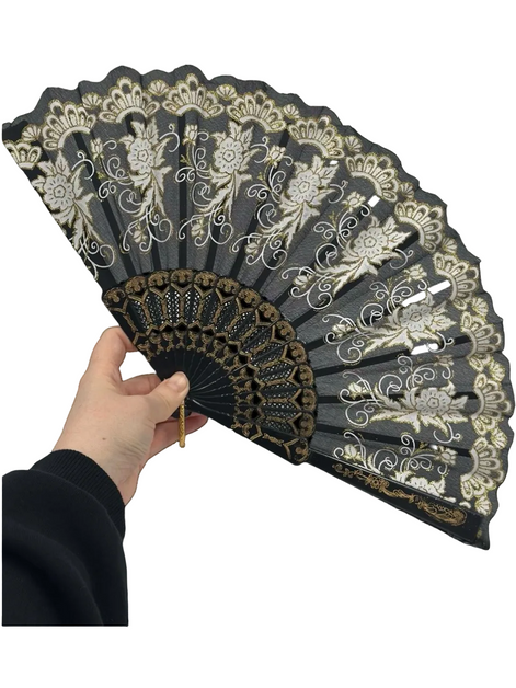 Siyah Altın Dantel Katlanır Yelpaze 26 cm – Zarif Vintage Çiçekli Yelpaze