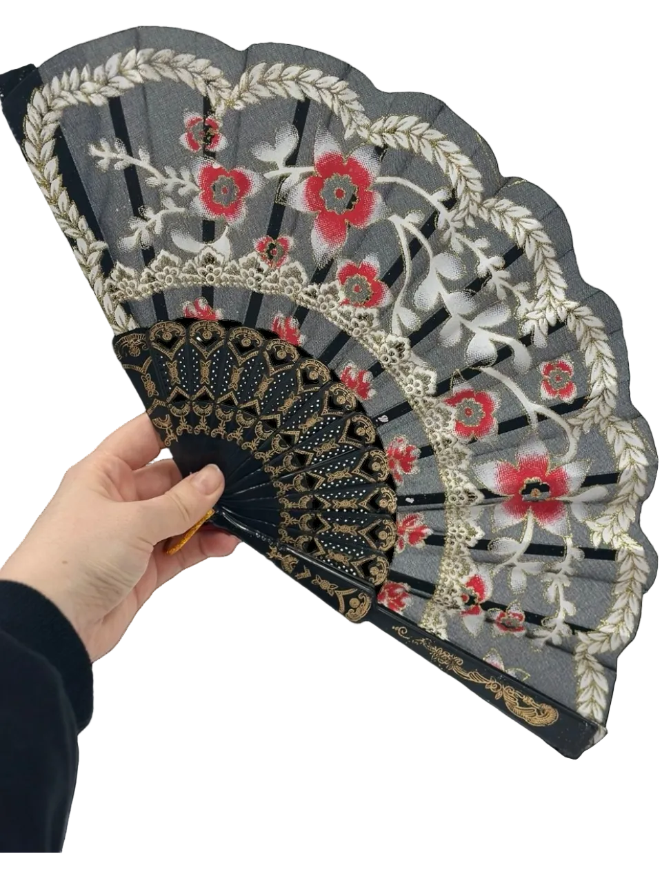 Siyah ve Kırmızı Çiçekli Dantel Katlanabilir Yelpaze 26 cm – Zarif Vintage Tarzı Yelpaze