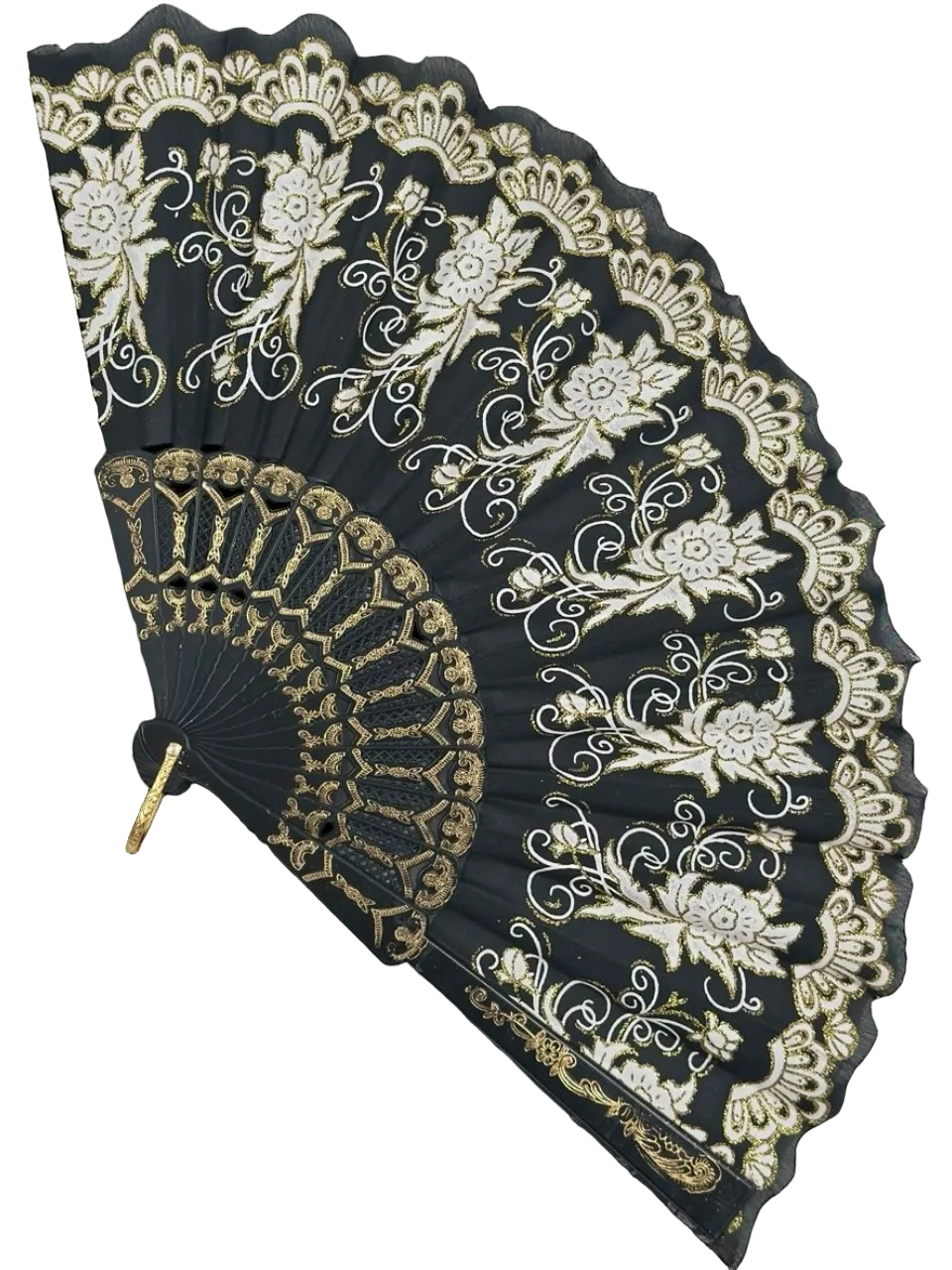 Siyah Altın Dantel Katlanır Yelpaze 26 cm – Zarif Vintage Çiçekli Yelpaze