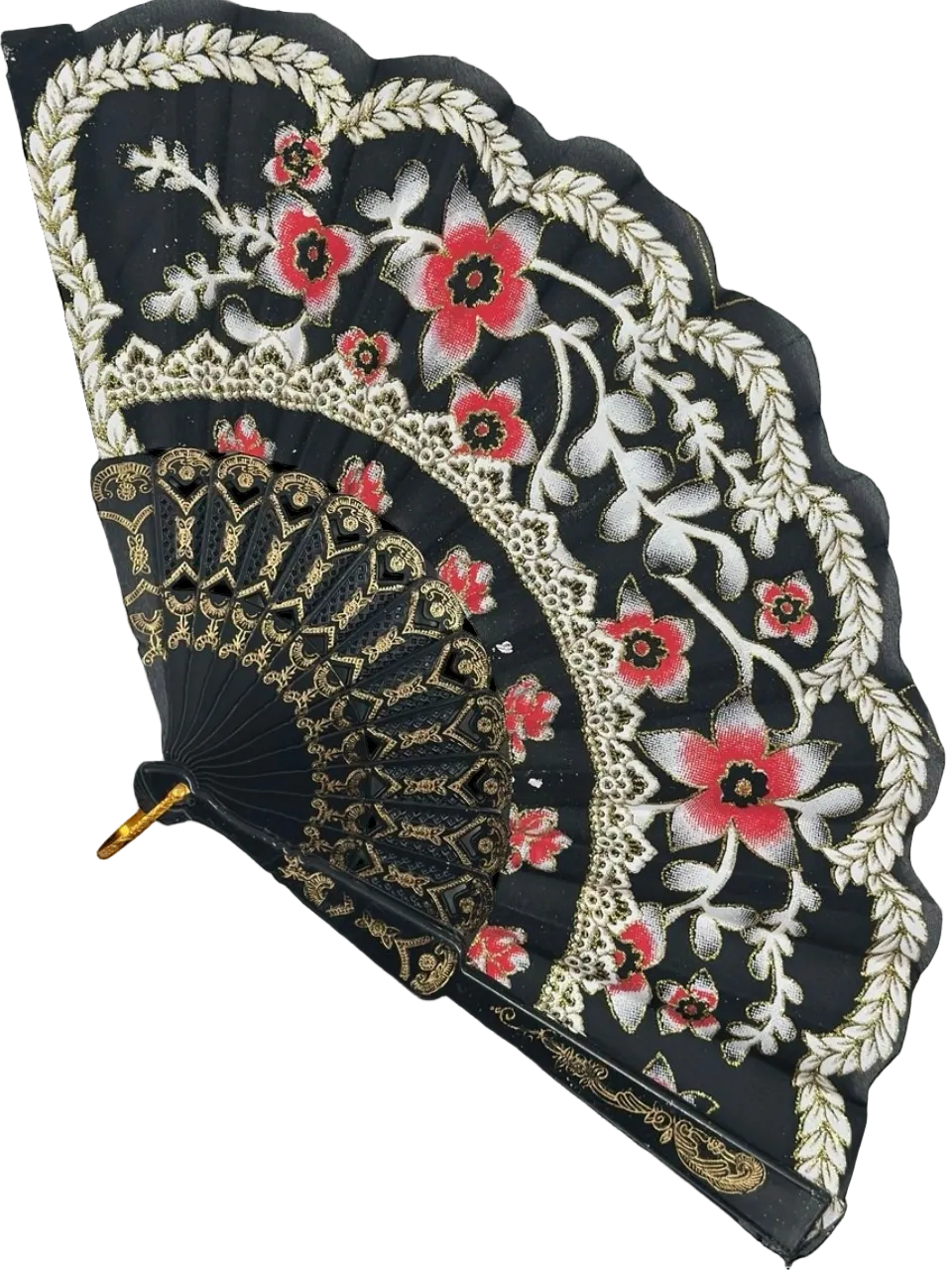 Siyah ve Kırmızı Çiçekli Dantel Katlanabilir Yelpaze 26 cm – Zarif Vintage Tarzı Yelpaze