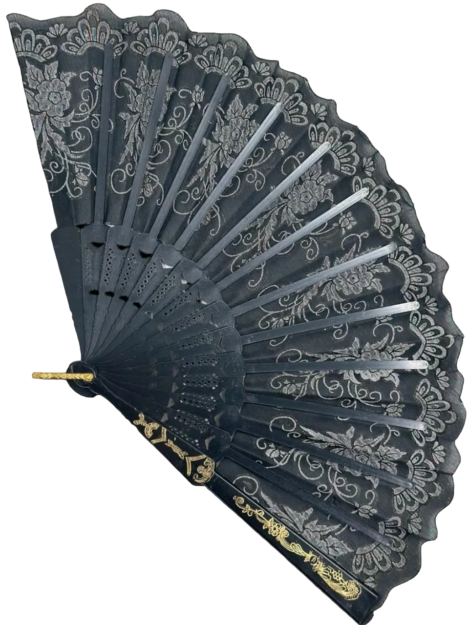 Siyah Altın Dantel Katlanır Yelpaze 26 cm – Zarif Vintage Çiçekli Yelpaze