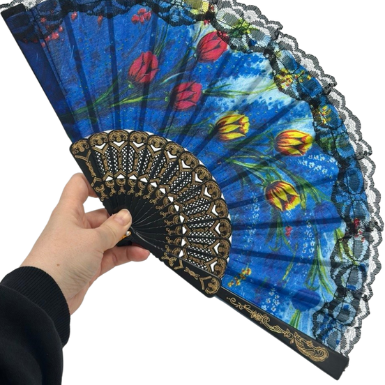 Renkli Çiçekli Dantel Katlanır El Yelpazesi 26 cm – Zarif Vintage Tarzı Yaz Yelpazesi