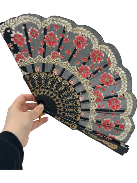 Siyah ve Kırmızı Çiçekli Dantel Katlanabilir Yelpaze 26 cm – Zarif Vintage Tarzı Yelpaze
