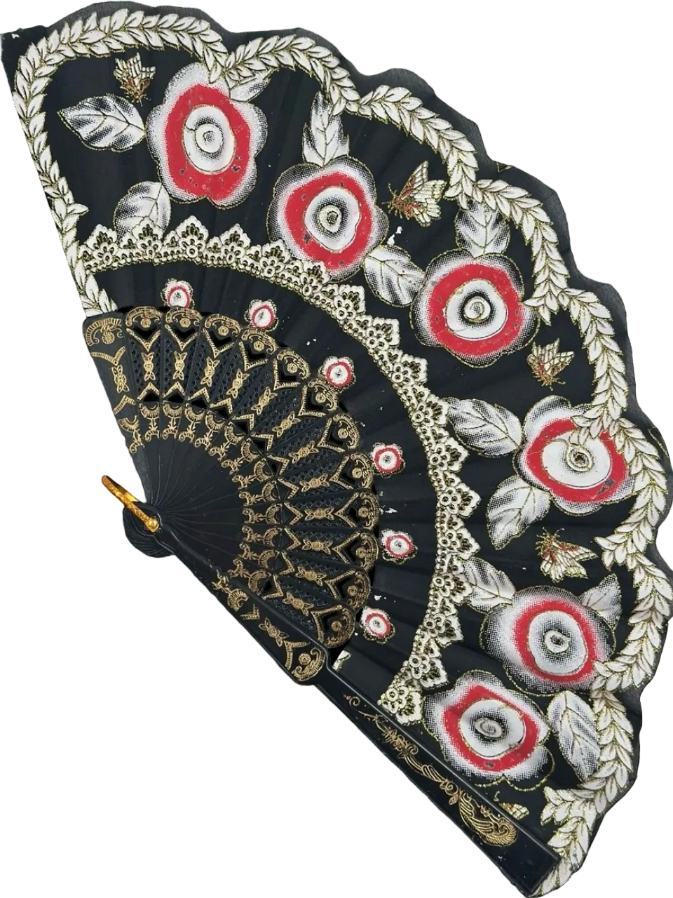 Siyah ve Kırmızı Çiçekli Dantel Katlanabilir Yelpaze 26 cm – Zarif Vintage Tarzı Yelpaze
