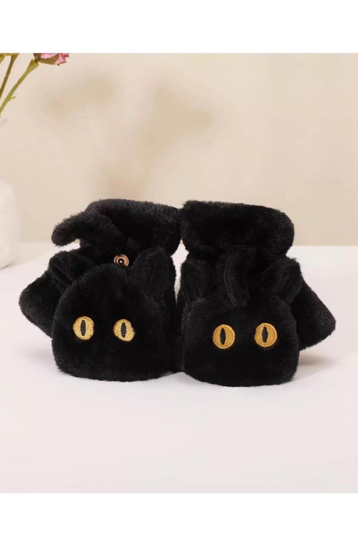 Peluş Kedi Figürlü Parmaksız Eldiven – Yumuşak, Sıcak Tutucu, Sevimli Tasarım