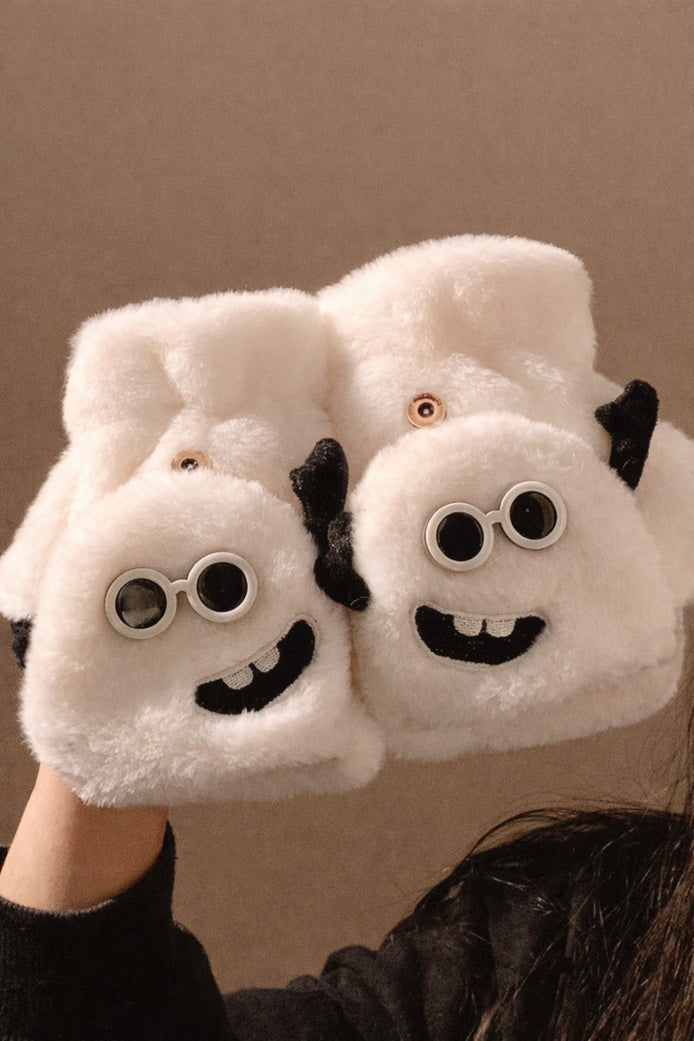 Sevimli Canavar Figürlü Peluş Kış Eldiveni – Yumuşak Dokulu, Unisex, Siyah & Beyaz