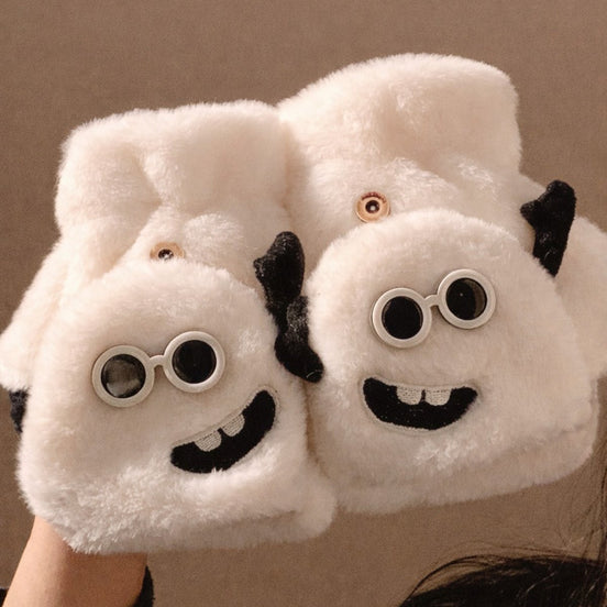 Sevimli Canavar Figürlü Peluş Kış Eldiveni – Yumuşak Dokulu, Unisex, Siyah & Beyaz
