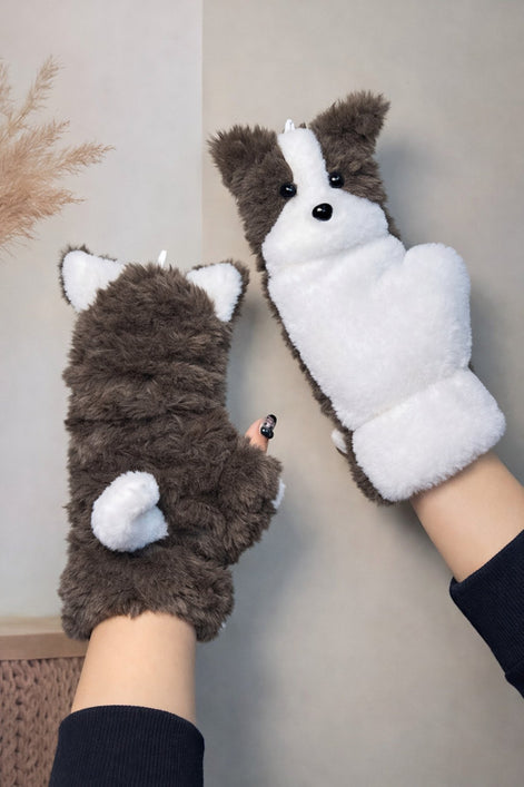 Sevimli Köpek Figürlü Peluş Eldiven – Yumuşak, Sıcak Tutucu Kışlık Eldiven (Çift)