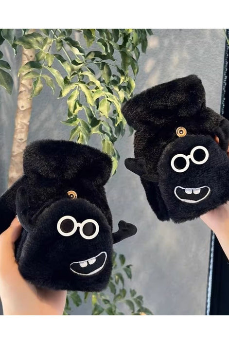 Sevimli Canavar Figürlü Peluş Kış Eldiveni – Yumuşak Dokulu, Unisex, Siyah & Beyaz