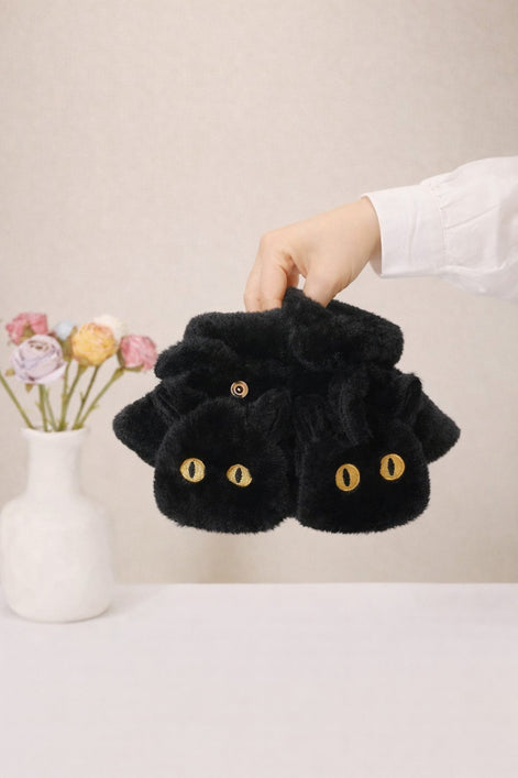 Peluş Kedi Figürlü Parmaksız Eldiven – Yumuşak, Sıcak Tutucu, Sevimli Tasarım
