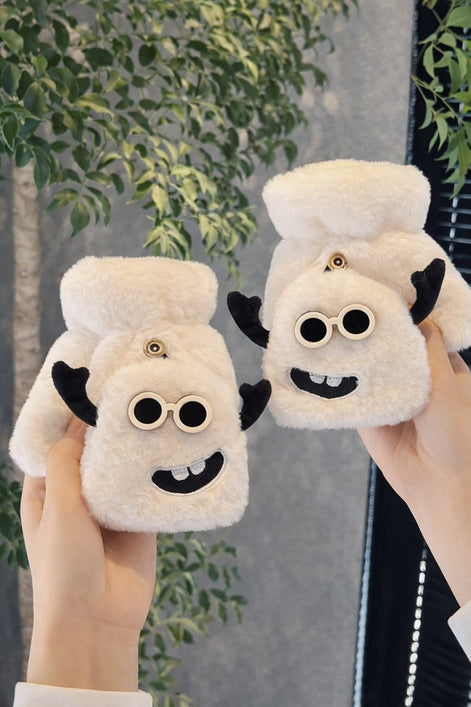 Sevimli Canavar Figürlü Peluş Kış Eldiveni – Yumuşak Dokulu, Unisex, Siyah & Beyaz