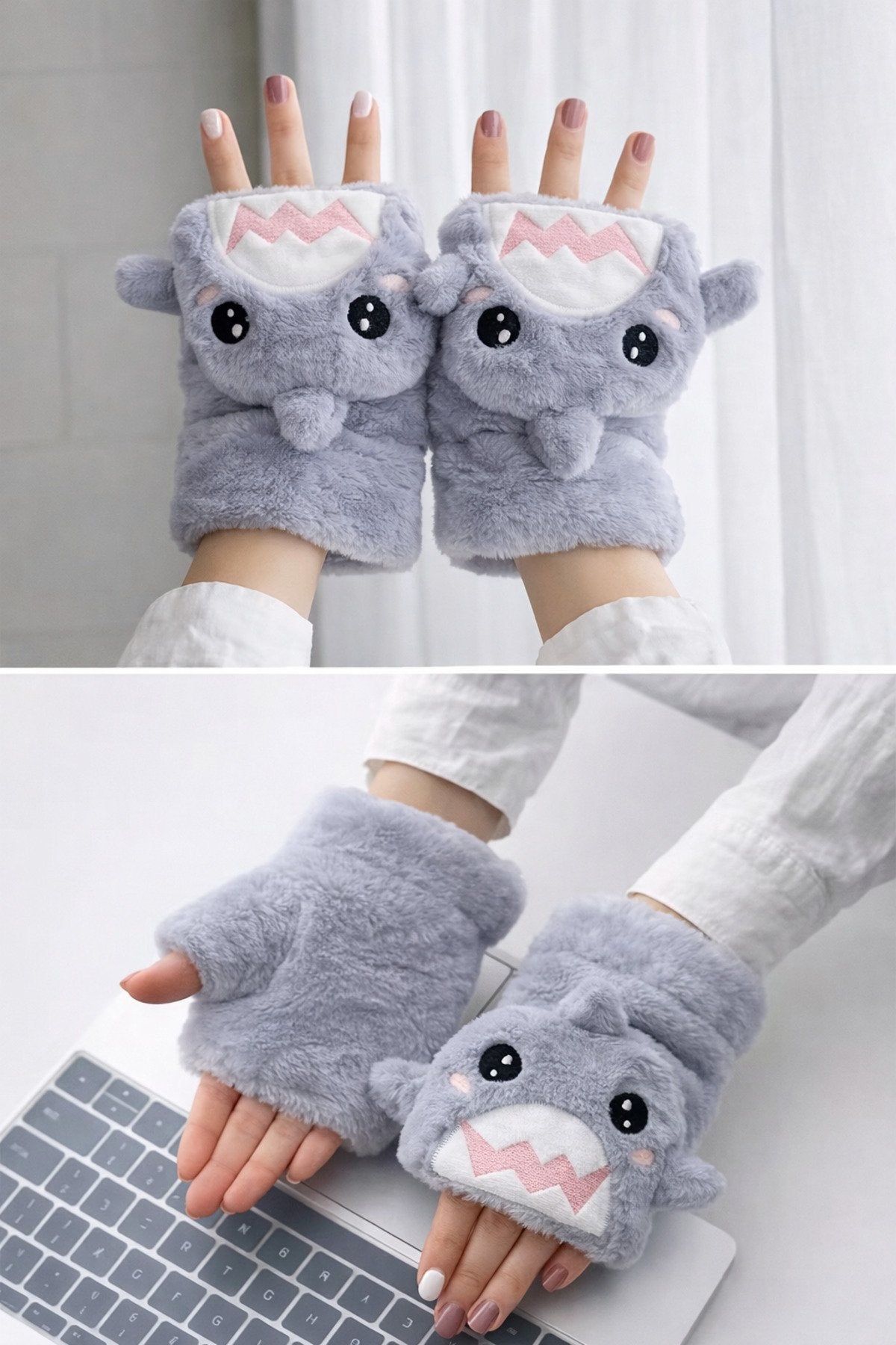 Peluş Köpekbalığı Tasarımlı Parmaksız Eldiven – Yumuşak Polar, Sevimli Kış Eldiveni