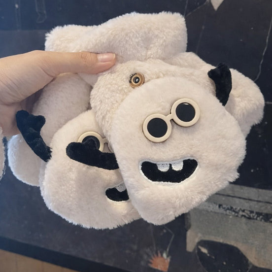 Sevimli Canavar Figürlü Peluş Kış Eldiveni – Yumuşak Dokulu, Unisex, Siyah & Beyaz
