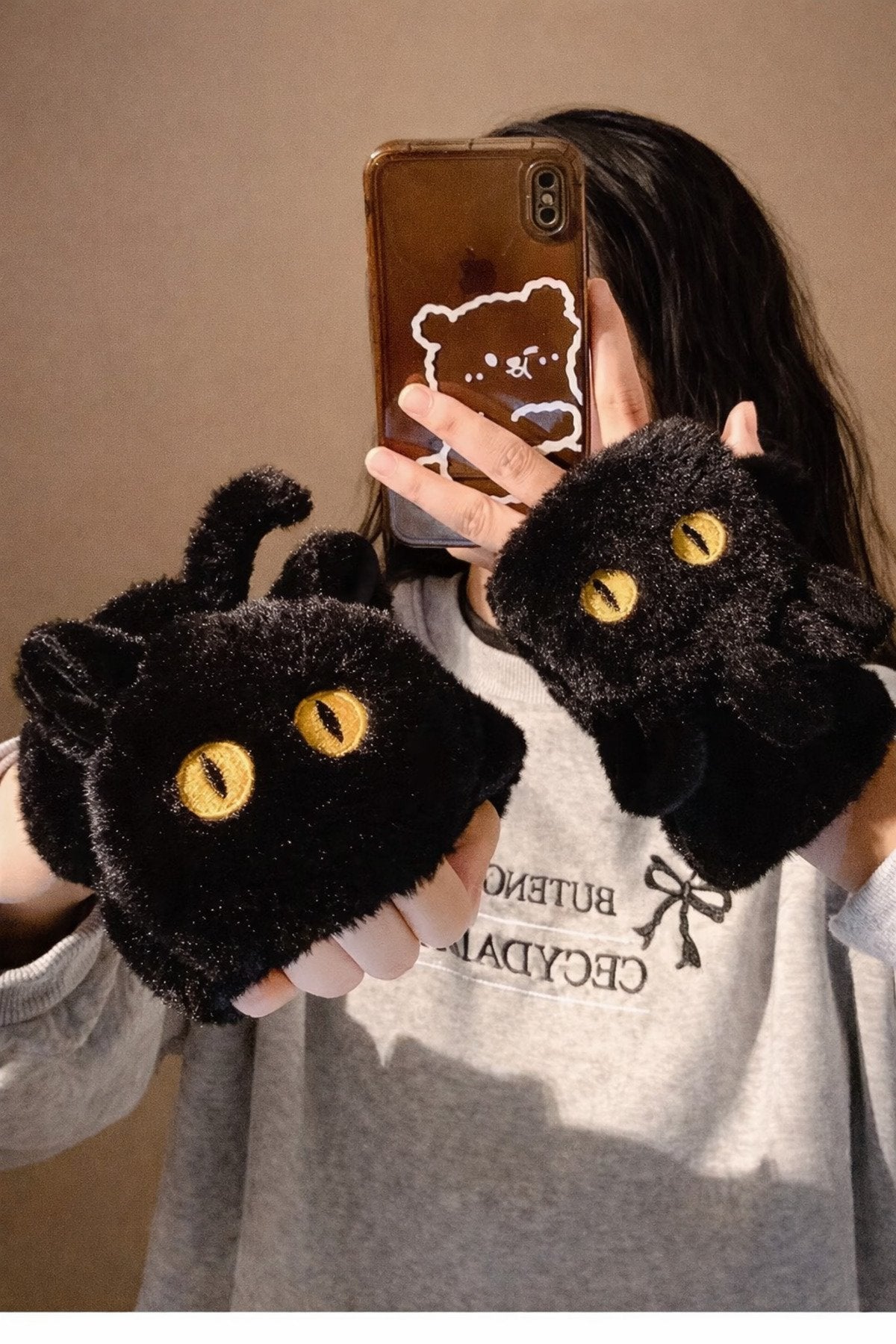 Peluş Kedi Figürlü Parmaksız Eldiven – Yumuşak, Sıcak Tutucu, Sevimli Tasarım