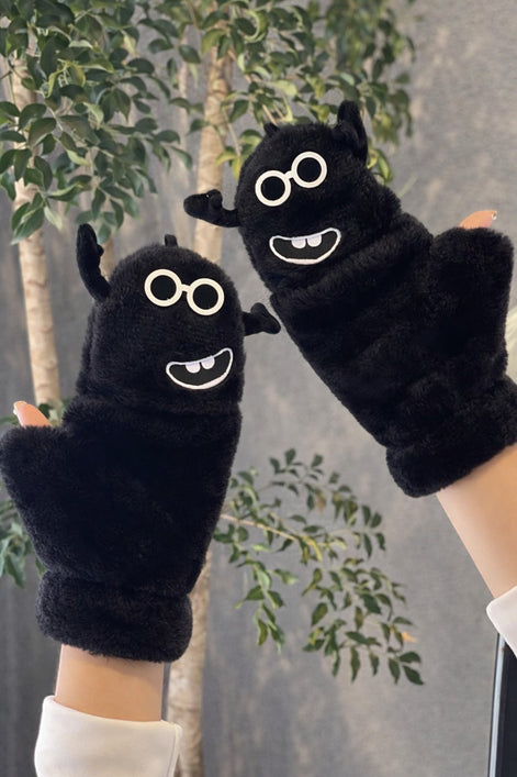 Sevimli Canavar Figürlü Peluş Kış Eldiveni – Yumuşak Dokulu, Unisex, Siyah & Beyaz