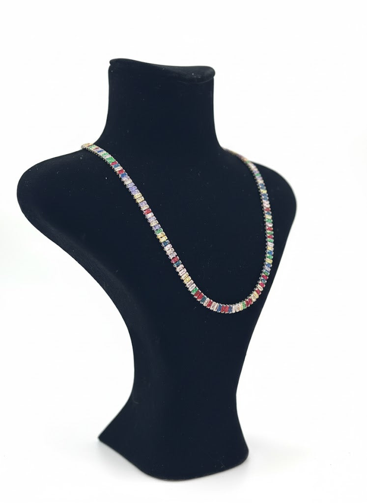 Silver Rainbow Baguette Tennis Necklace
