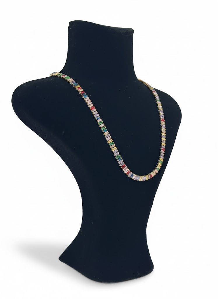 Colorful Baguette-Cut Gold Plated Tennis Necklace