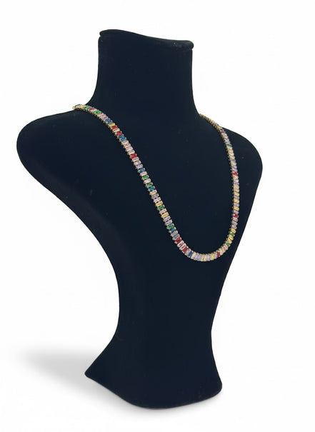 Colorful Baguette-Cut Gold Plated Tennis Necklace
