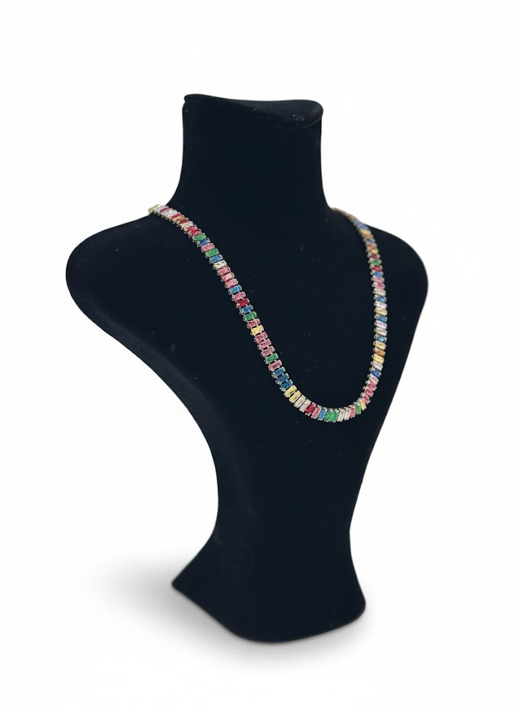 Vibrant Multicolor Baguette Tennis Necklace in Silver