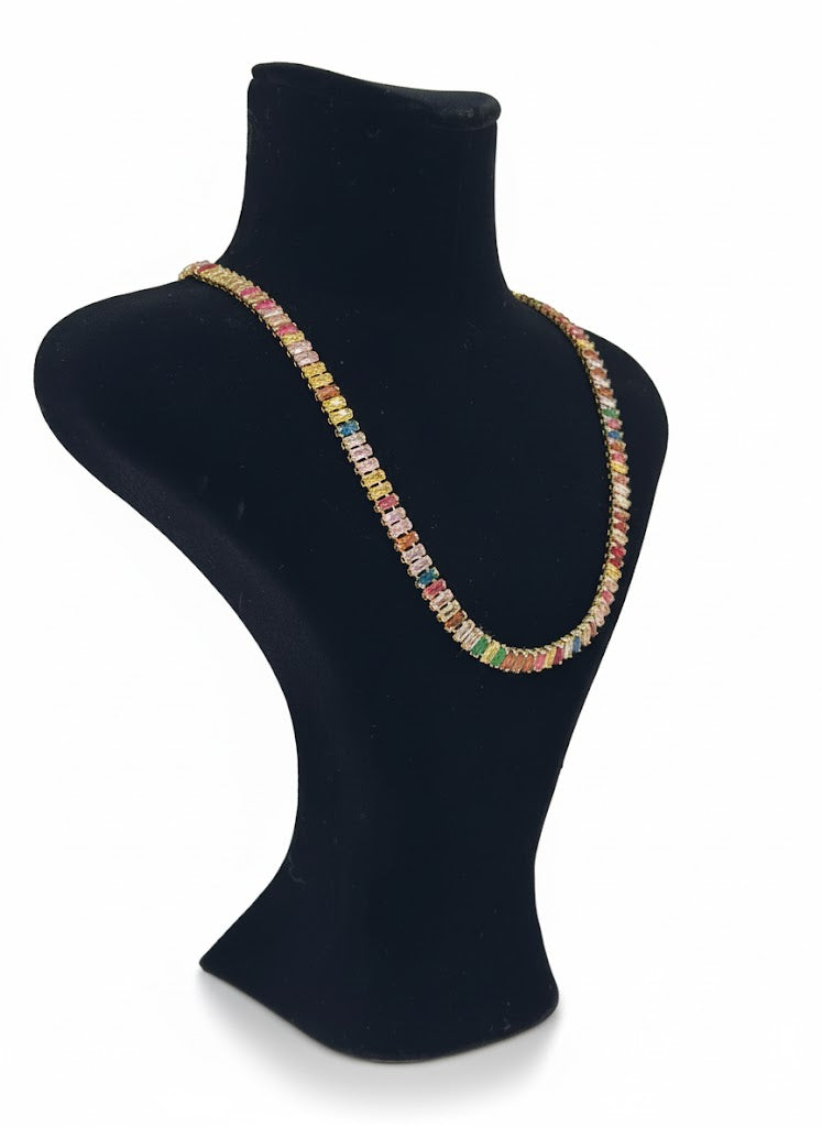 Vibrant Gold Plated Rainbow Baguette Tennis Necklace