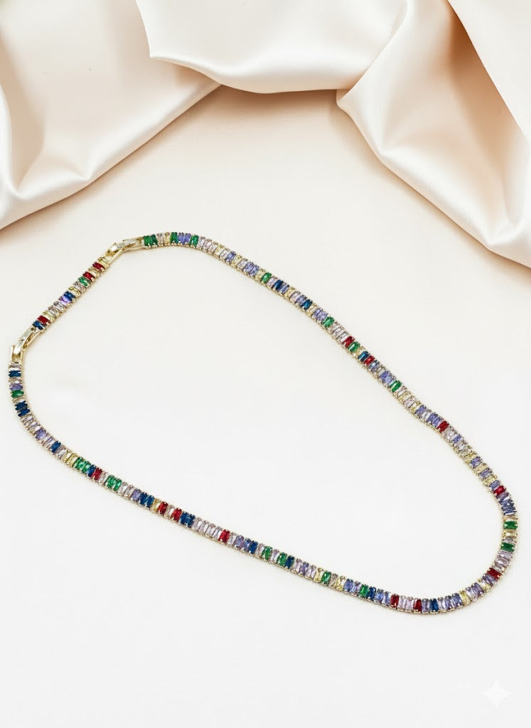 Colorful Baguette-Cut Gold Plated Tennis Necklace