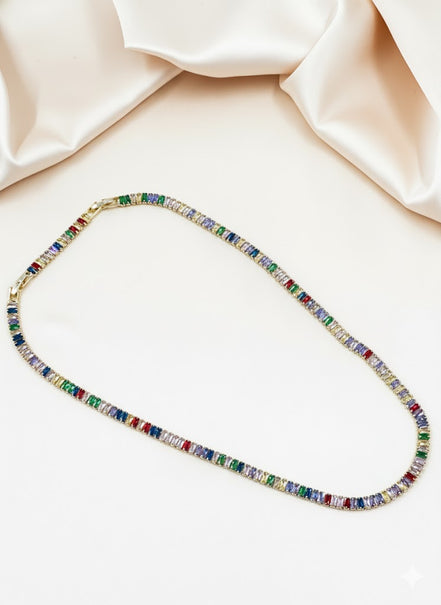 Colorful Baguette-Cut Gold Plated Tennis Necklace