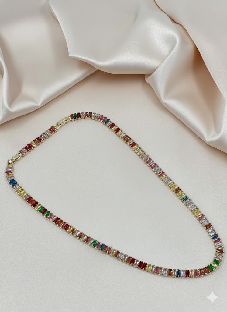 Vibrant Gold Plated Rainbow Baguette Tennis Necklace