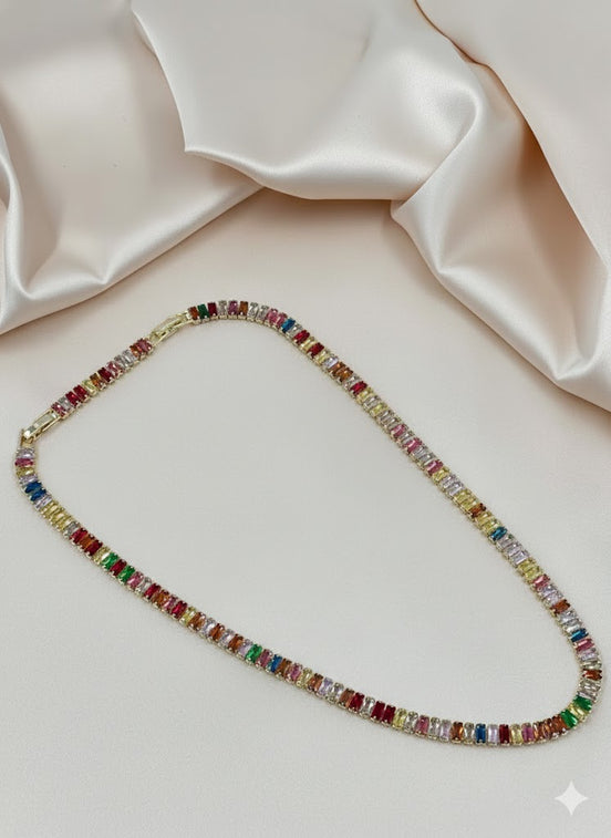 Vibrant Gold Plated Rainbow Baguette Tennis Necklace