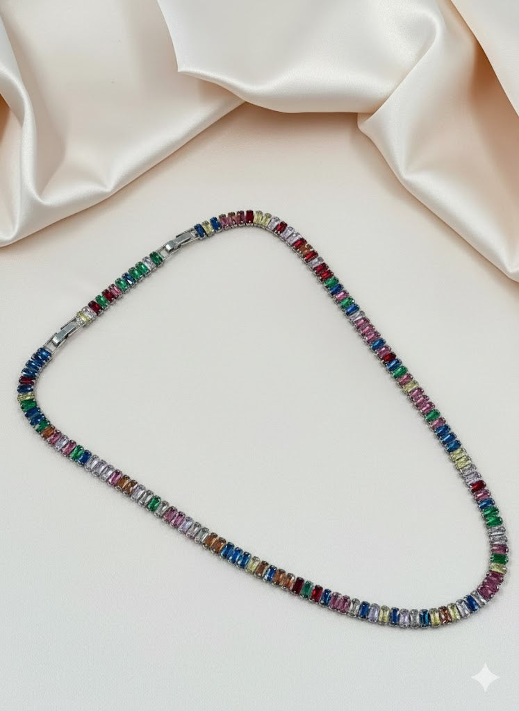 Vibrant Multicolor Baguette Tennis Necklace in Silver