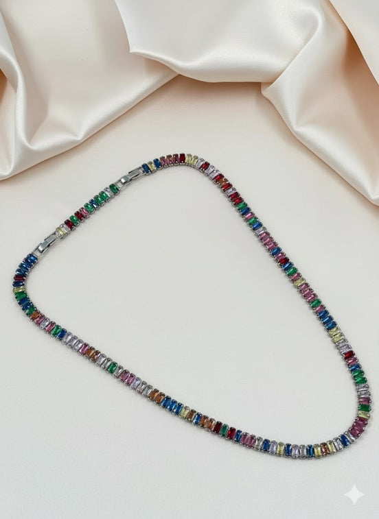 Vibrant Multicolor Baguette Tennis Necklace in Silver