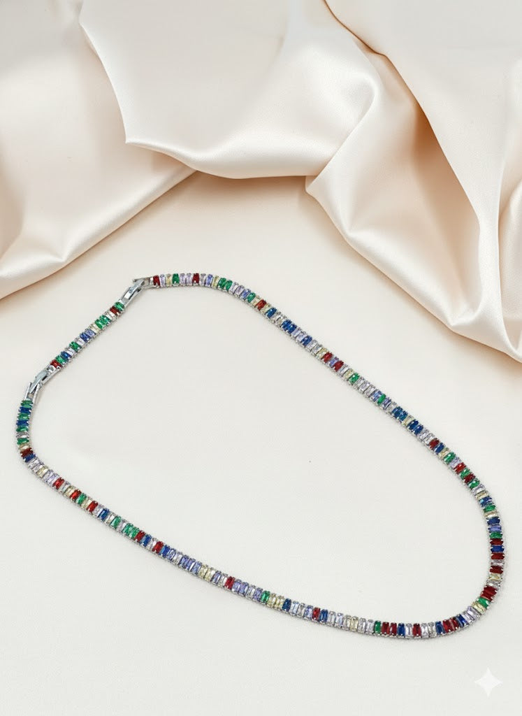Silver Rainbow Baguette Tennis Necklace